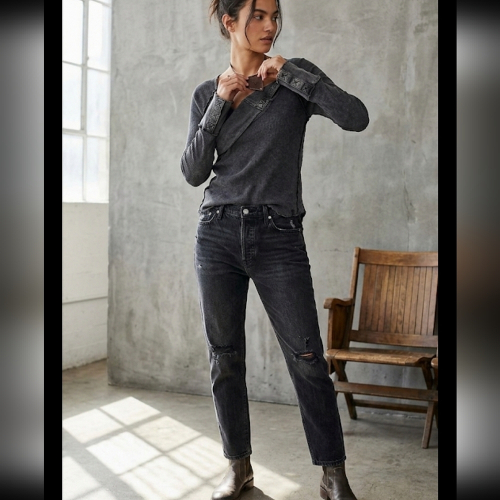 We The Free Charcoal Long Sleeve Top With Denim Cuffs